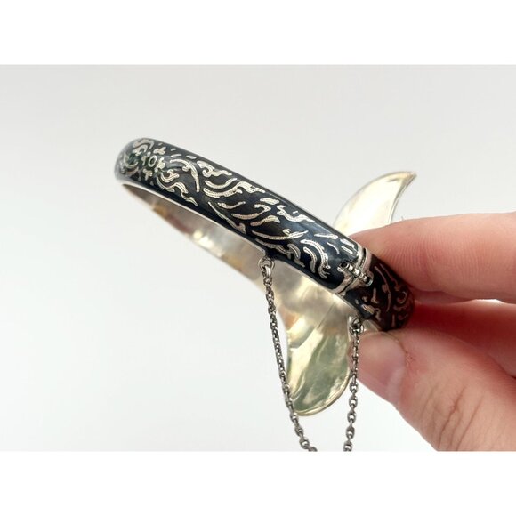 Siam Sterling Silver Bypass Style Hinged Nielloware Thai Made Vintage Bracelet - Picture 9 of 16